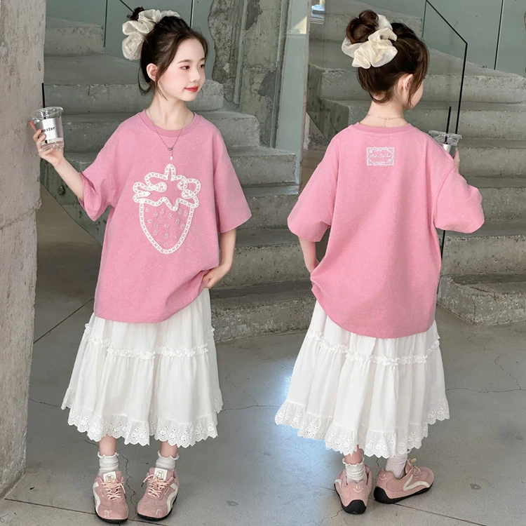女童夏装套装2025新款儿童夏季大童洋气韩版短袖T恤半身裙两件套