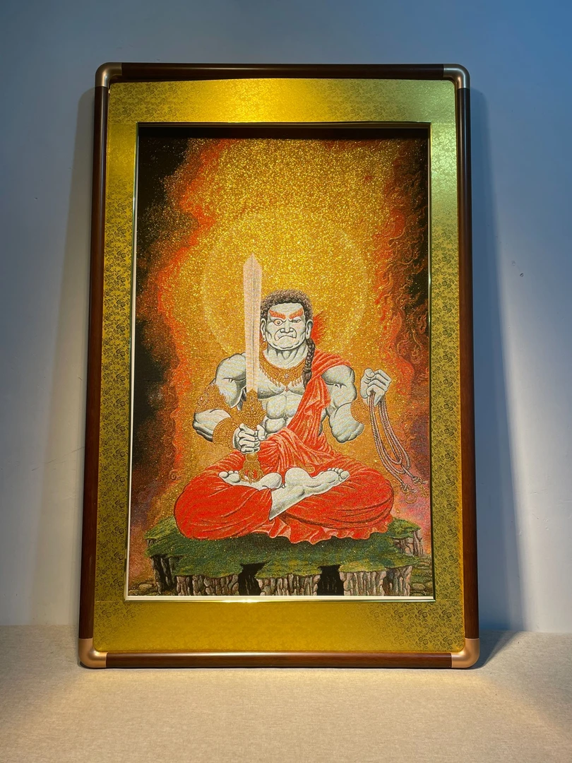 刺绣【不动明王】挂画实木装裱办公室玄关茶室书房背景墙装饰画