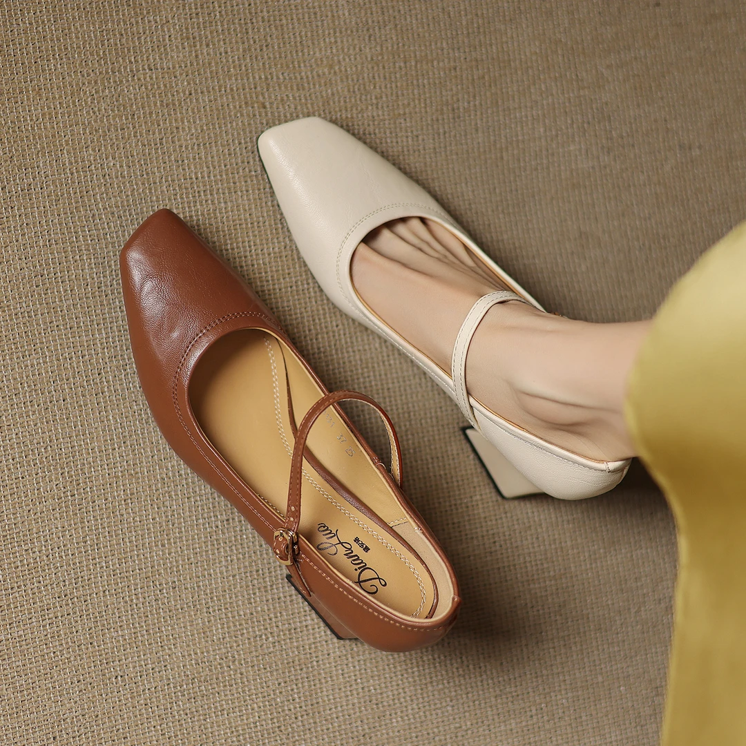 【跟高6cm】百搭斜头舒适复古高跟鞋女粗跟方头浅口柔软新款女鞋子