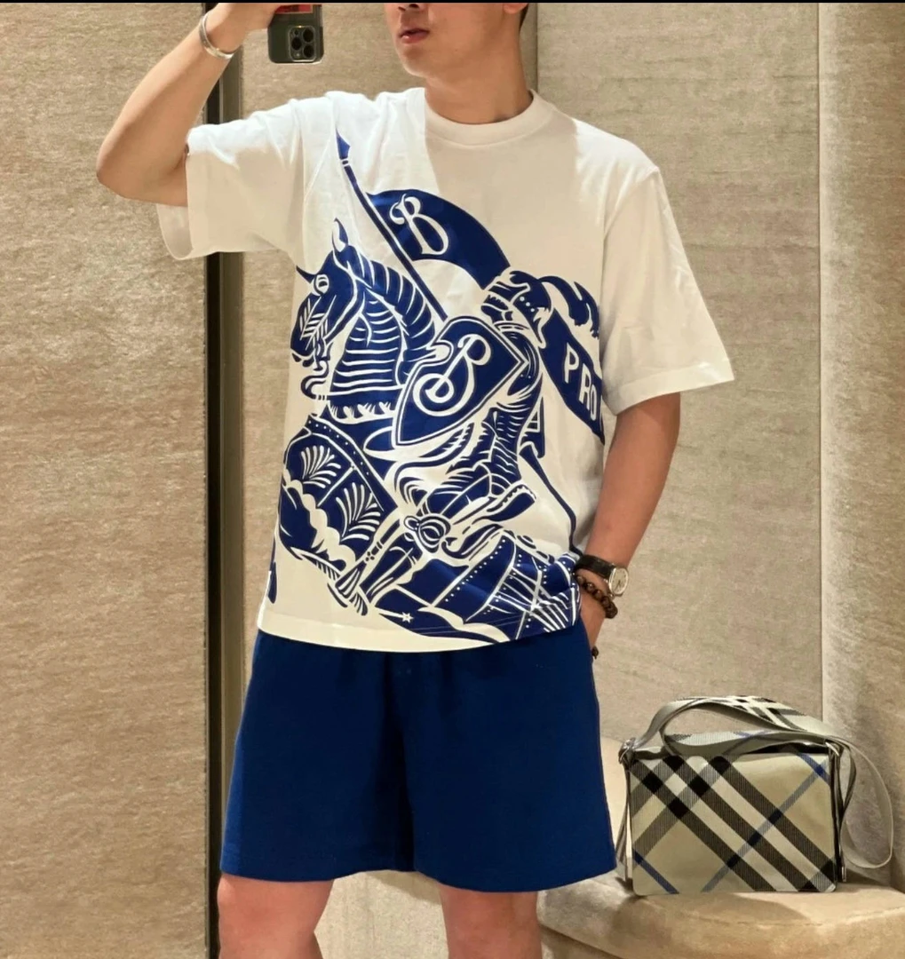 未使用 BURBERRY/博柏利 白色蓝色logo大战马夏季男士圆领短袖T恤