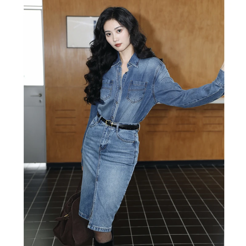 复古牛仔衬衫修身显瘦开叉半身裙时尚套装春秋新款通勤穿搭两件套