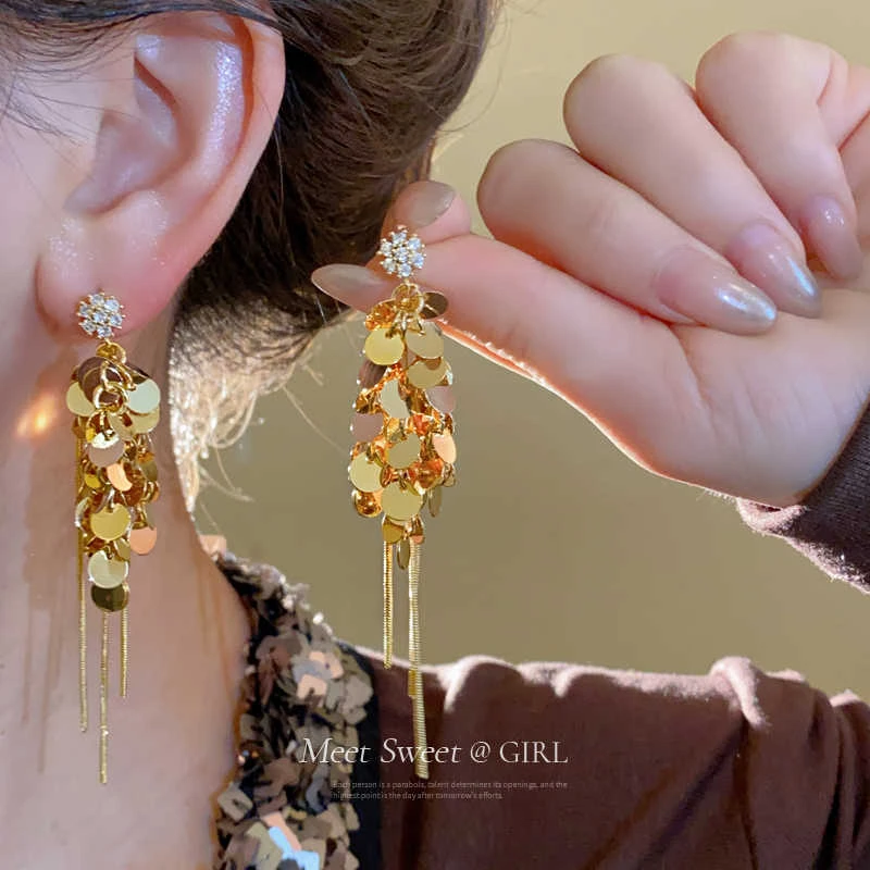 铜合金合成锆石耳饰 小众气质高级亮片流苏耳环2025新款长款耳钉