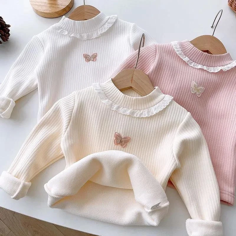 女宝加绒打底衫女童加绒保暖上衣一体绒衣服儿童半加绒儿童打底衫