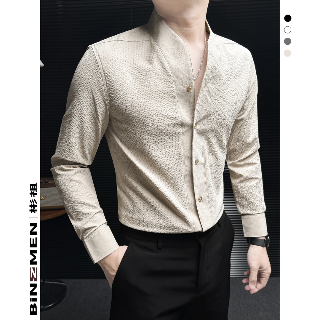 慵懒风泡泡纱衬衫男长袖男款爆款2025新款秋季商务休闲高级感男装