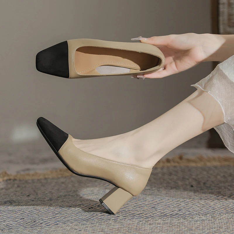 3厘米5cm羊皮拼色小香风单鞋女粗跟中跟瓢鞋气质法式方头高跟鞋子