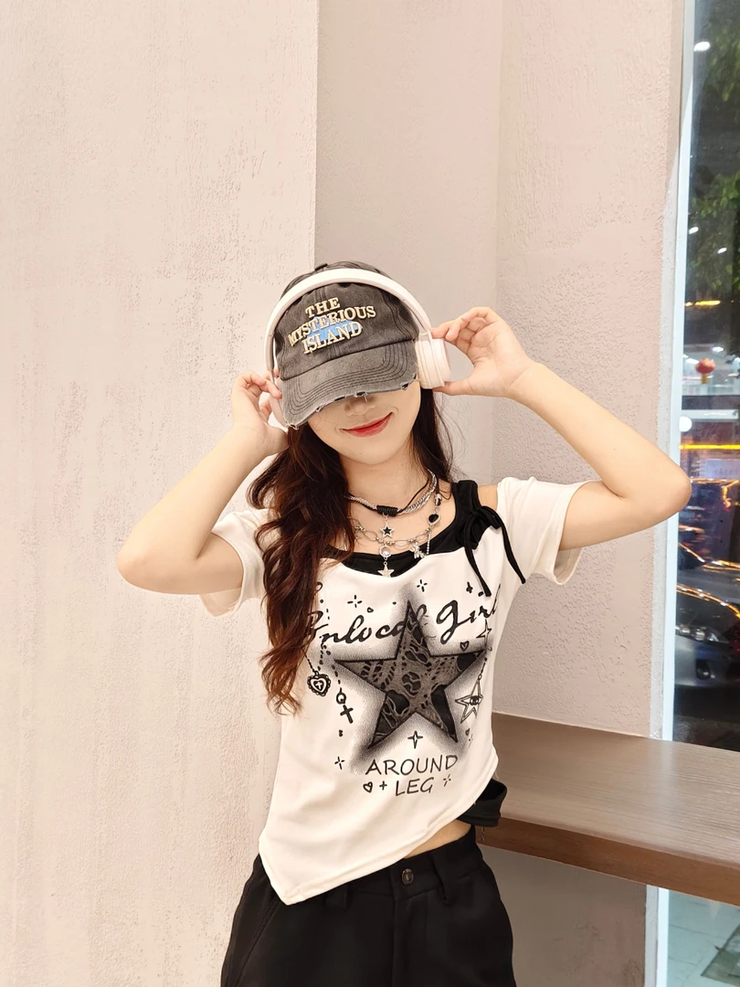 SUSU【106】美式假两件辣妹漏肩短袖T恤女夏季y2k短款显瘦上衣T恤女