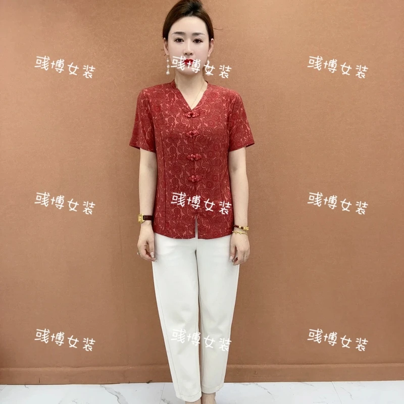 夏季短袖洋气减龄时尚盘扣中老年妈妈装小衫