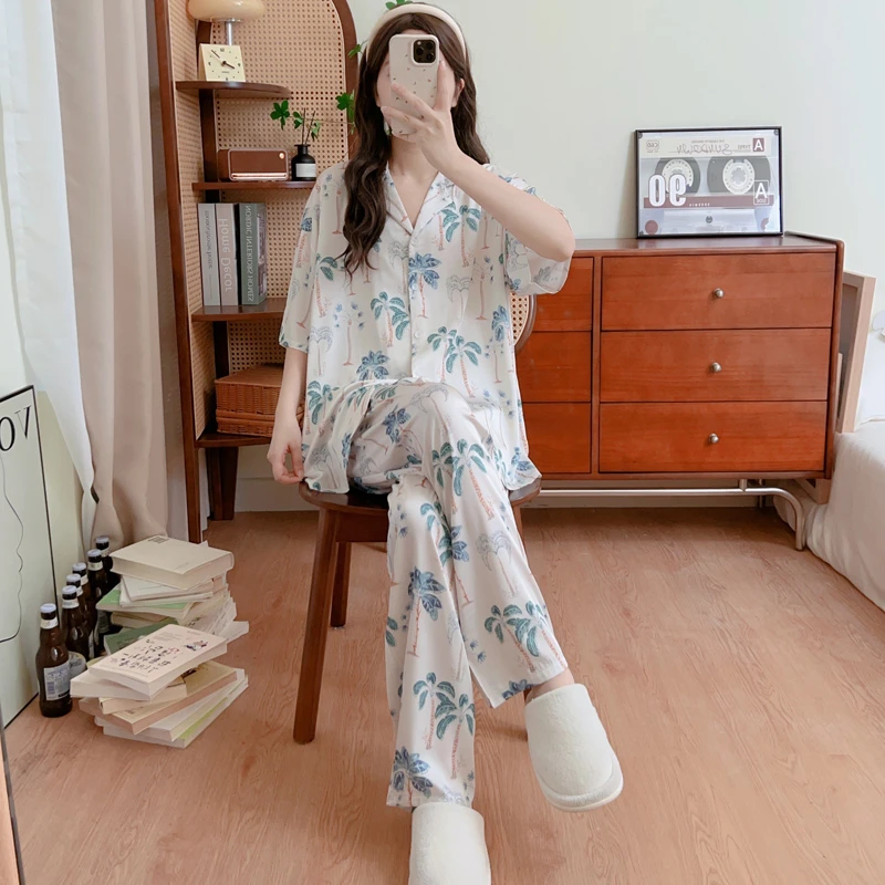 冰雪丝美式潮牌睡衣女夏季短袖长裤大码加肥凉感高级感家居服套装