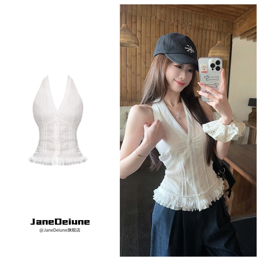 白色蕾丝花边无袖背心女外穿夏季设计感小众甜辣修身显瘦挂脖上衣