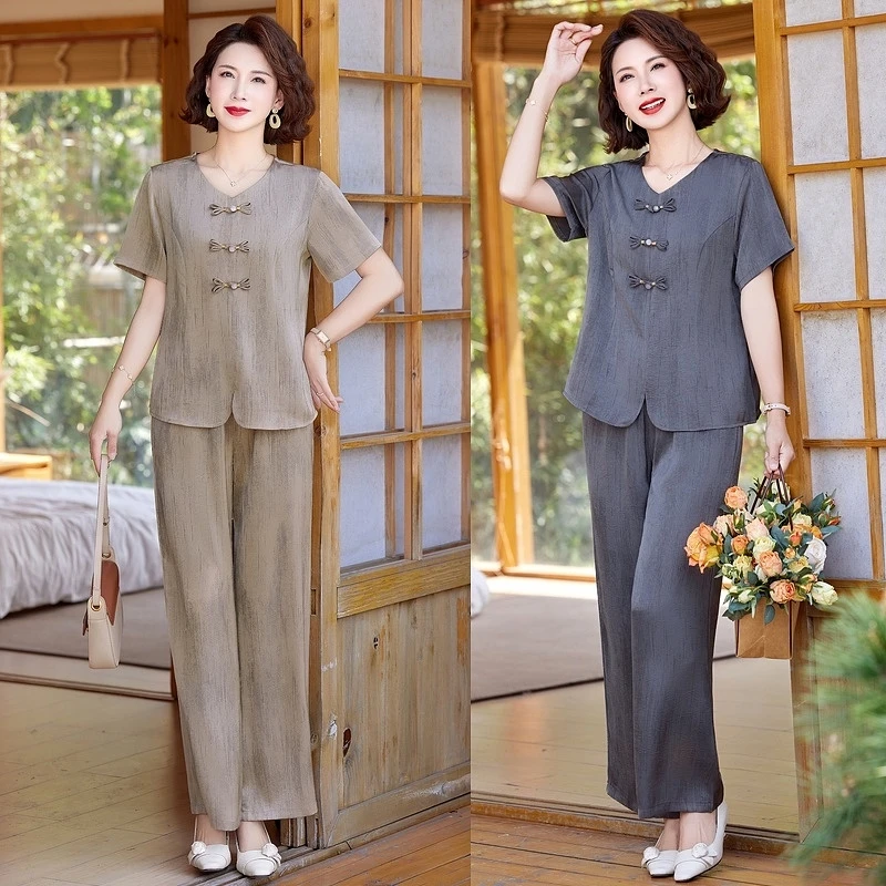 宽松型V领时尚修身型中老年女装宽松夏季休闲裤子洋气阔腿裤