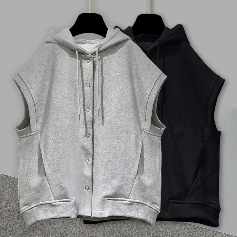 DeweLvum夏季开衫连帽无袖t恤男潮拼接宽松休闲坎肩背心大码男装