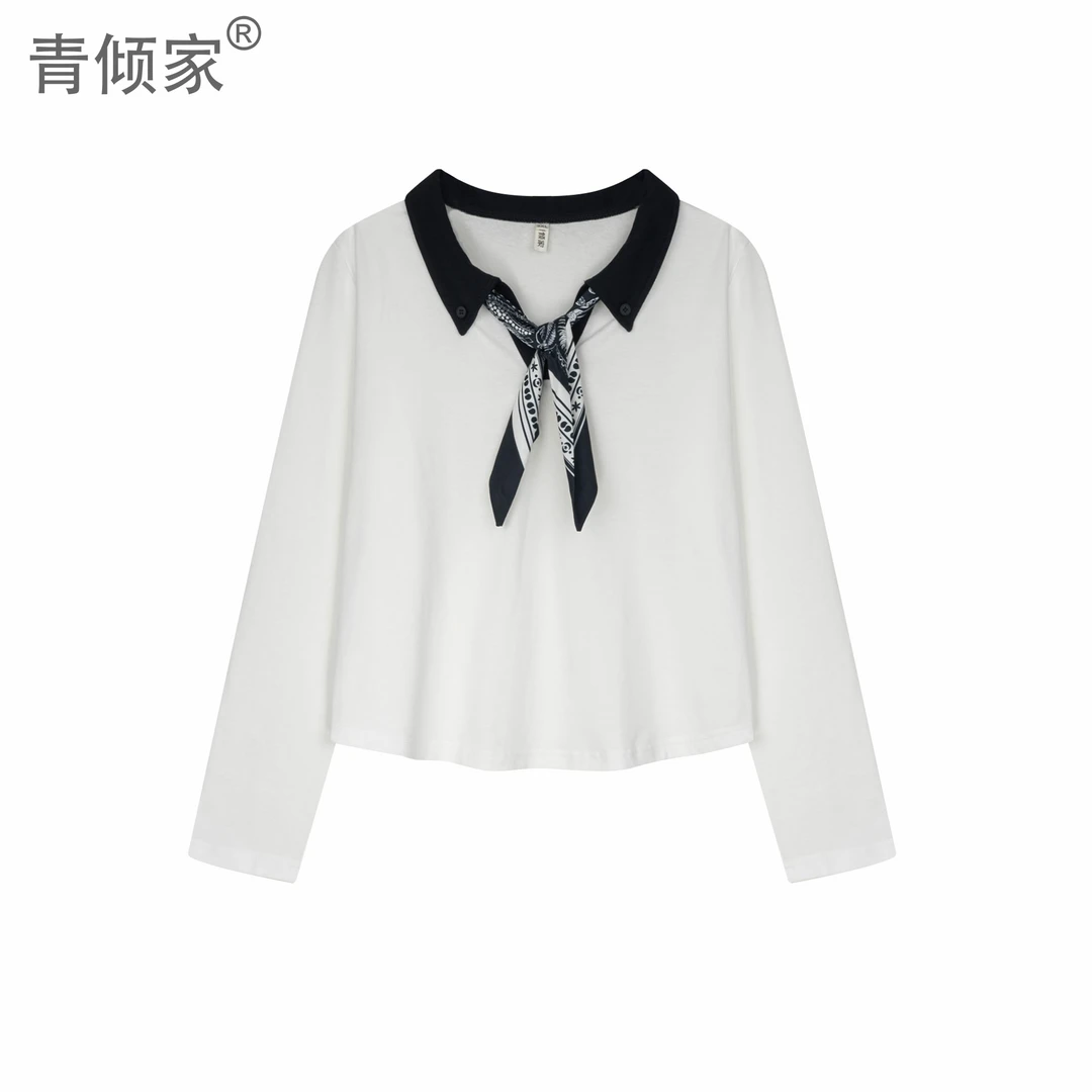 青倾家【微风情书】韩版设计感丝巾系带长袖上衣秋季小众Polo打底衫