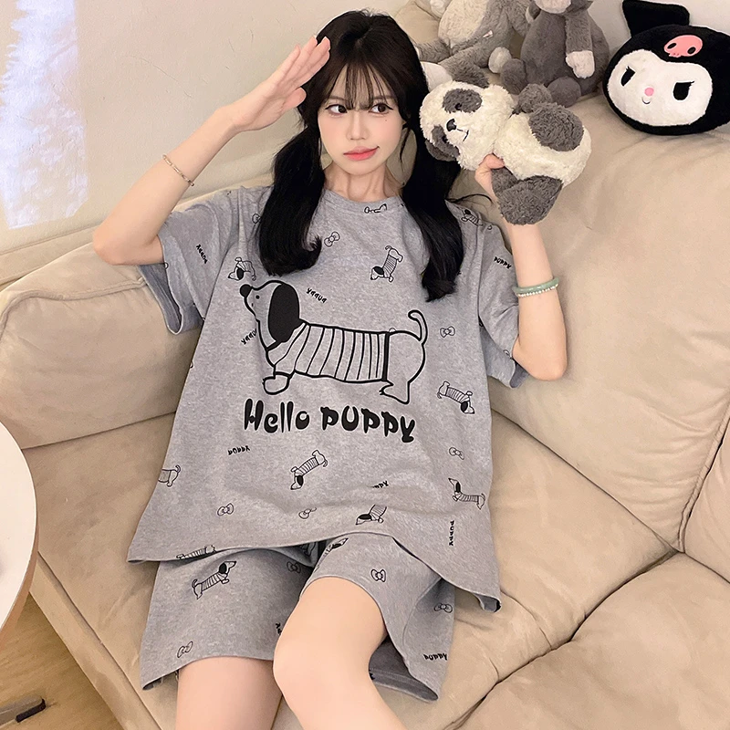 睡衣女夏季纯棉短袖薄款胖mm女孩可爱卡通夏天学生家居服大码套装