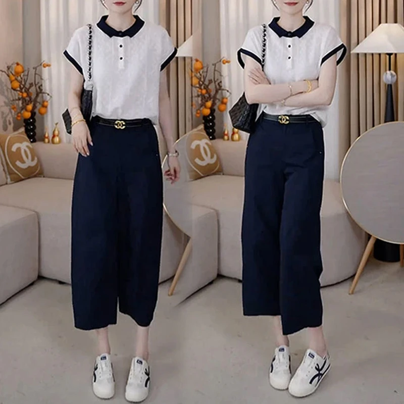 简约设计感短袖2025夏季新款翻领T恤休闲九分裤套装女时尚两件套