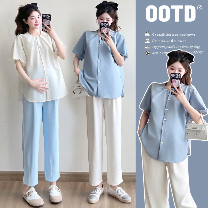 2025新款夏装孕妇褶皱泡泡袖时尚宽松衬衫套装上衣可哺乳中长款