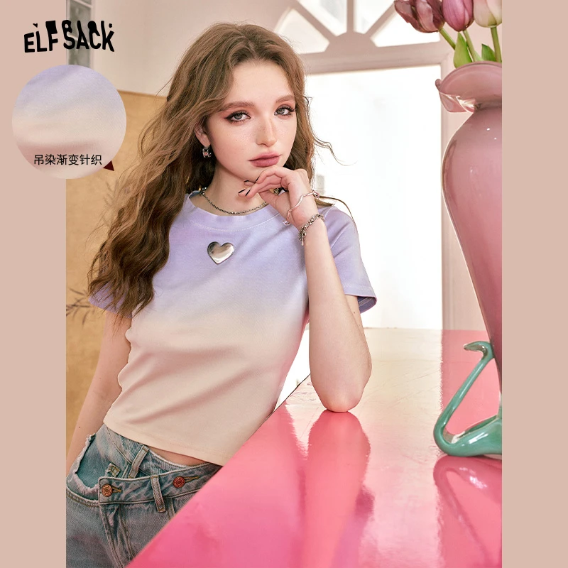 妖精的口袋 海浪心跳 渐变扎染bm短袖t恤女2024夏季新款正肩短款