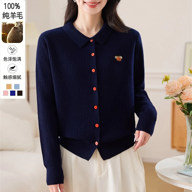 秋冬女装外套100%绵羊毛针织开衫翻领洋气大码小衫中老年妈妈上衣
