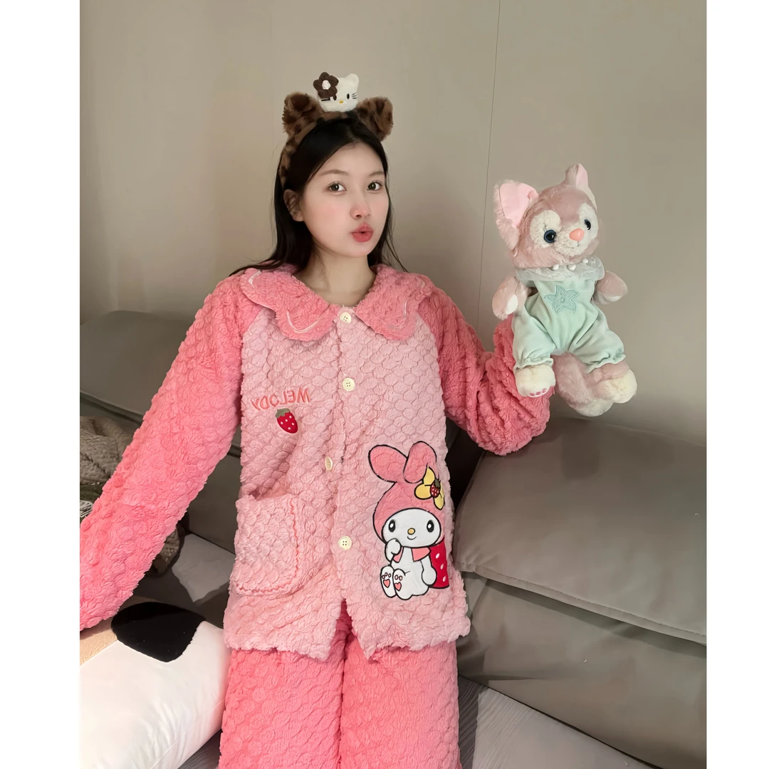 新款秋冬季女士珊瑚绒可爱睡衣外穿法兰绒加厚保暖家居服套装