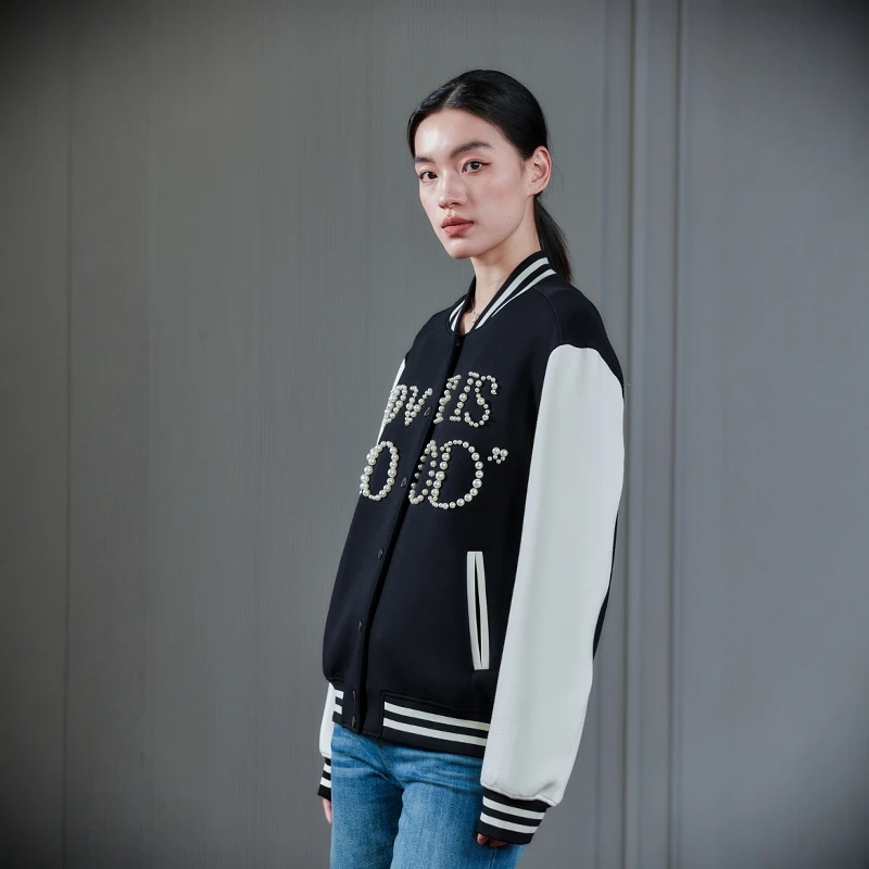 四月初九加大码女装胖MM2025春 美少女纯手工钉珠夹克棒球服外套