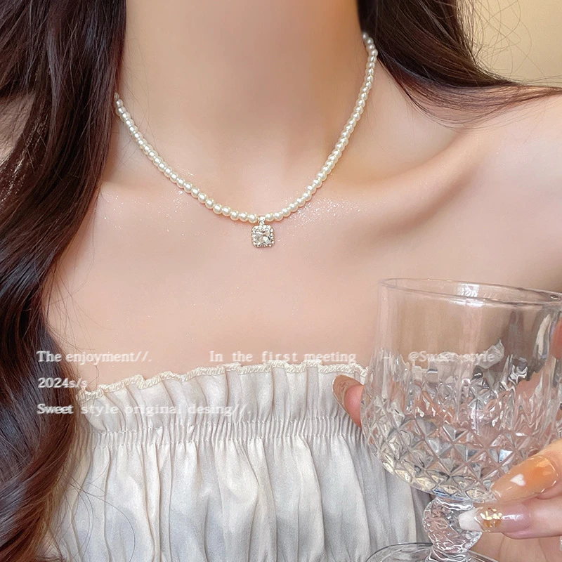 合金项链 承欢记杨紫同款施家小米珠珠方糖吊坠项链锁骨链女配饰