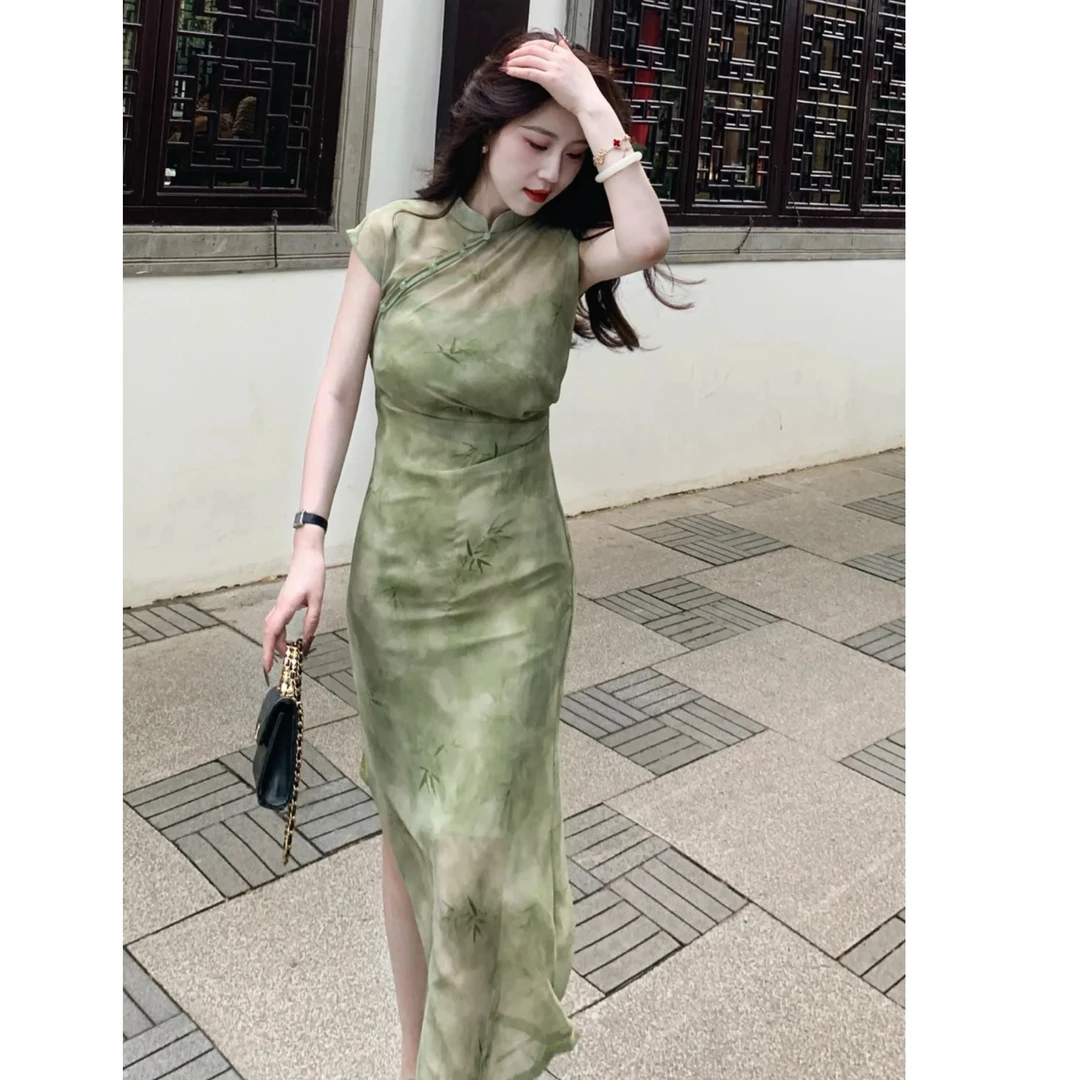 新中式国风绿色立领旗袍连衣裙女夏季气质高级感收腰显瘦中长裙子