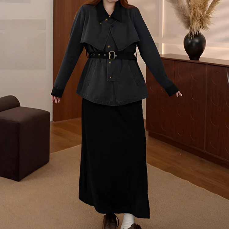 2025春秋新款复古拼接牛仔长袖收腰外套上衣女气夏季收腰显瘦套装