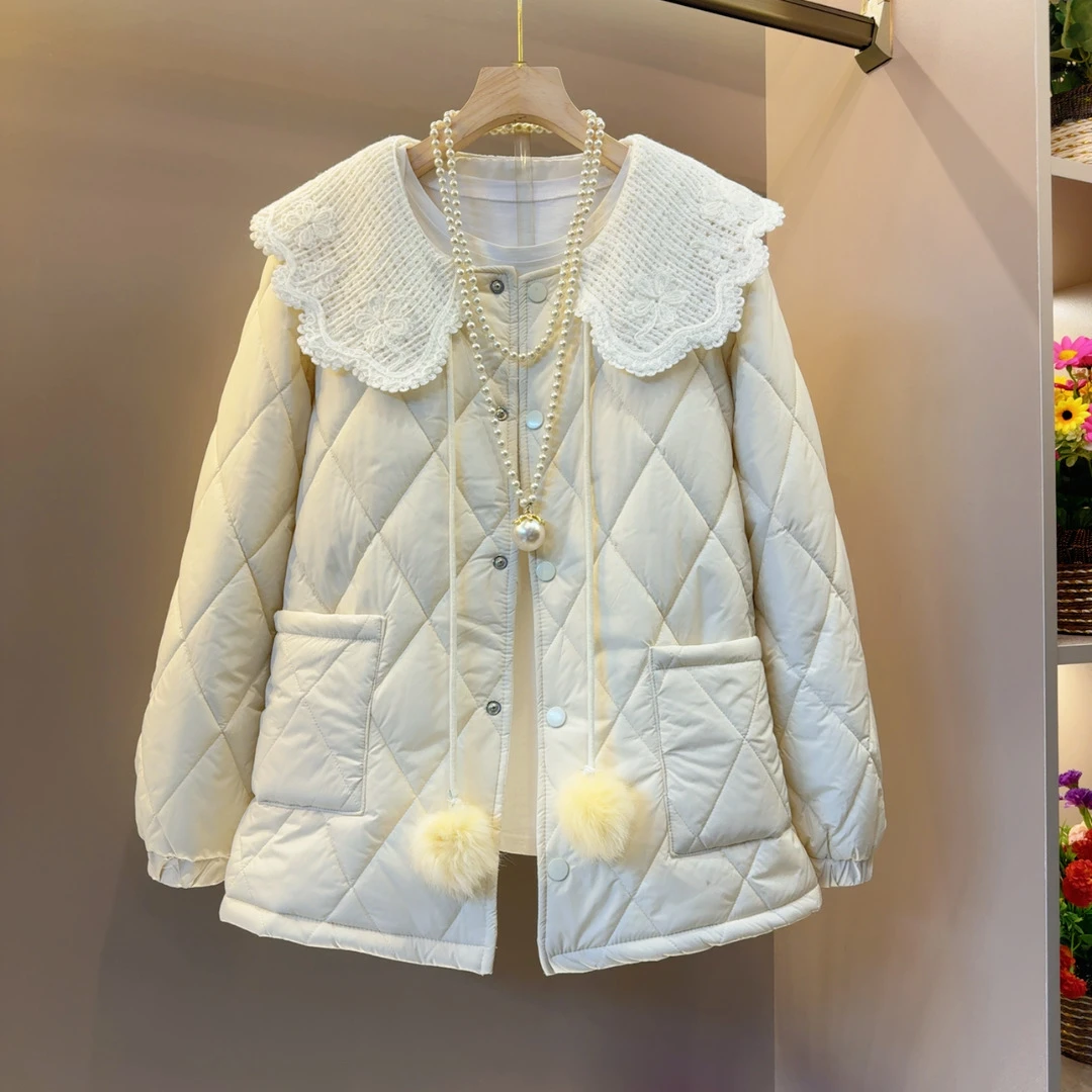 糖果色气质减龄时尚休闲娃娃领二棉长袖棉服衣长68左右