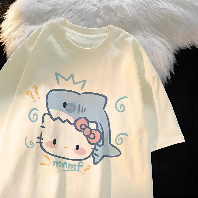 纯棉短袖t恤女童夏季新款卡通鲨鱼小猫印花百搭休闲上衣服中大童