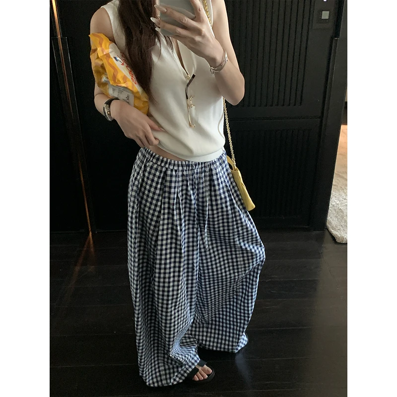 SKK7.9号20点 海盐奶芙裤 蓝色抽绳阔腿裤女夏休闲格子小个子长裤