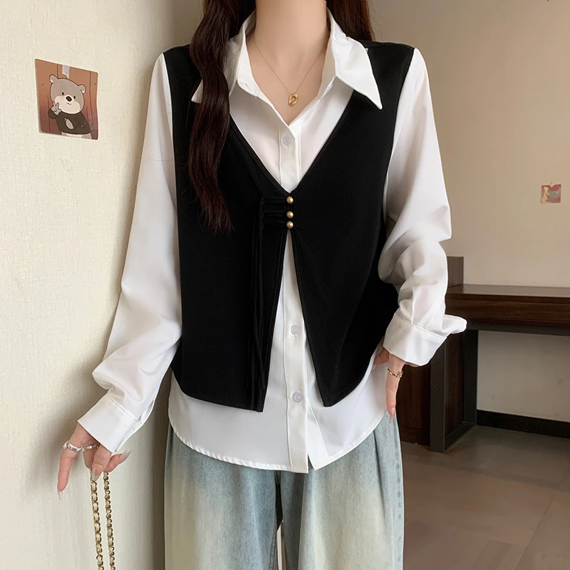 SS069专享大码MM秋装新款宽松假两件上衣拼接显瘦女长袖衬衫