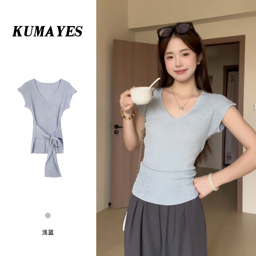 KUMAYES夏季薄款老钱风V领针织短袖气质简约短款坎肩百搭绑带上衣