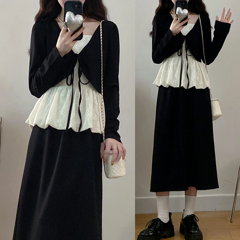 2025秋季新款气质温柔风蕾丝拼接绑带上衣女高腰遮肉半身裙两件套