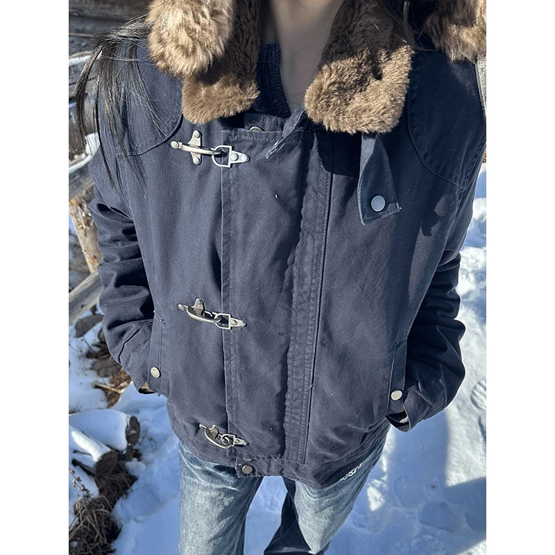 藏青色解构飞机扣座山雕外套男冬季美式复古短款工装夹克保暖棉衣