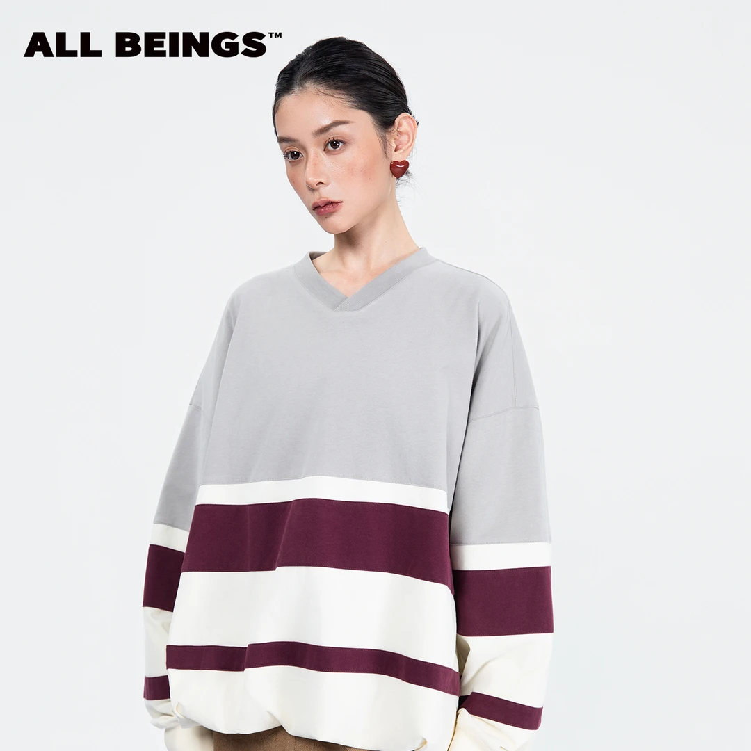ALL BEINGS25年秋冬设计师新款百搭休闲V领花苞下摆拼条卫衣