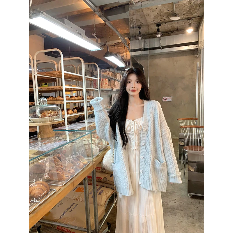 parkyeon甜美温柔风软糯毛衣外套镂空背心垂感半身裙秋季两件套