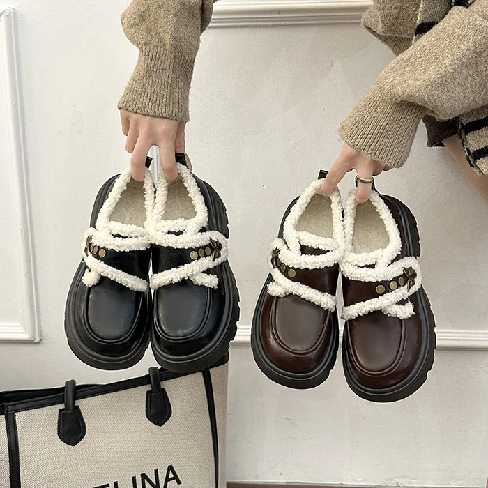 加绒乐福鞋女2025冬新款厚底增高小皮鞋加厚一脚蹬保暖鞋黑色