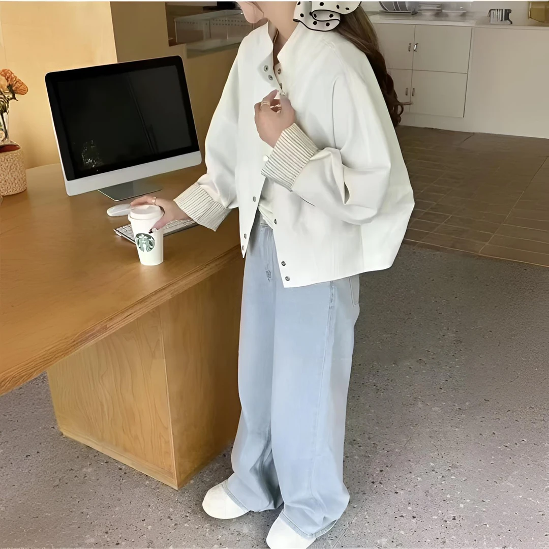欧洲站设计感袖口拼接条纹春秋立领短外套小众短款休闲长袖z