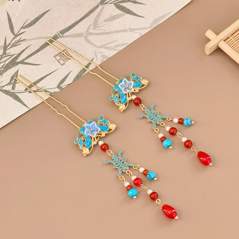 古风步摇流苏汉服头饰仿景泰蓝U型发钗复古配饰气质百搭发饰发簪