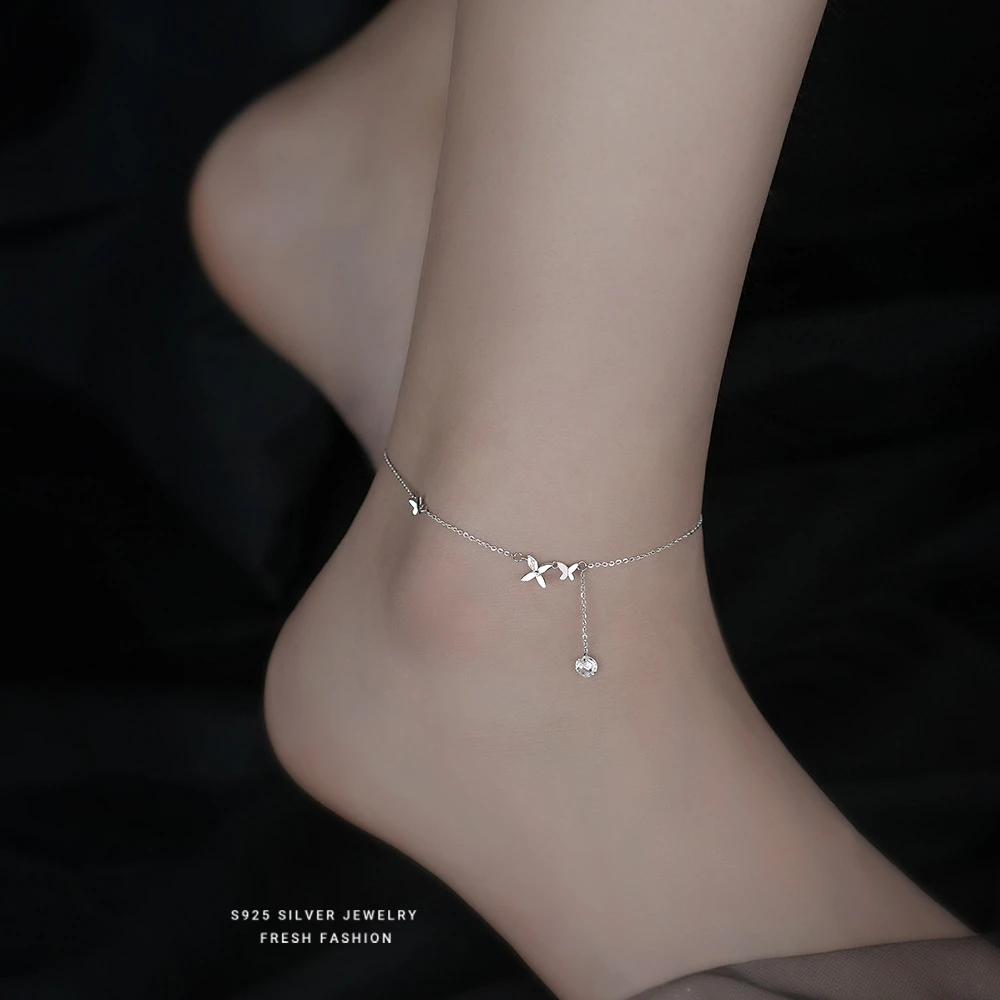 明瑜 925银双生蝴蝶镶钻脚链女小众设计优雅饰品礼物