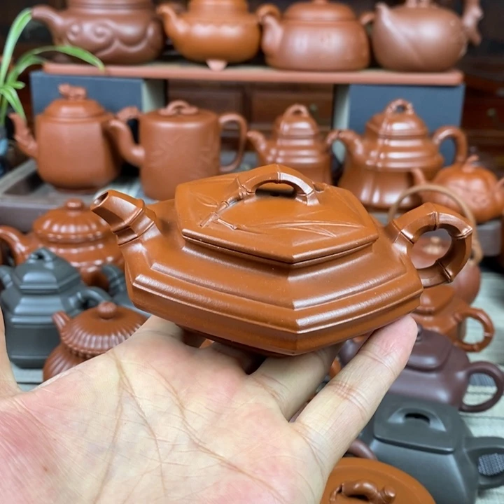 紫砂茶壶六方扁竹150CC原矿赵庄朱泥特价