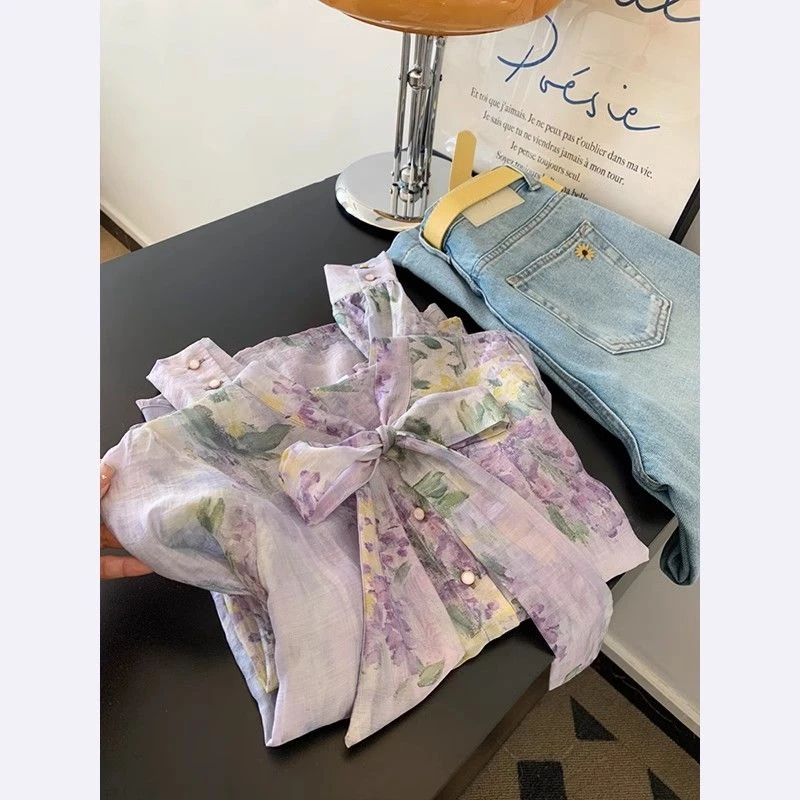 2025新款蝴蝶结紫色印花设计感薄衬衫女士高级感轻奢减龄洋气上衣