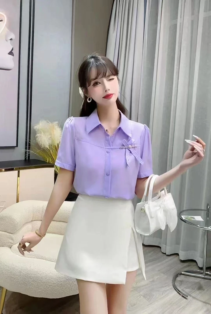 801夏季新款设计感时尚气质Polo领衬衫甜美钉珠蝴蝶结上衣