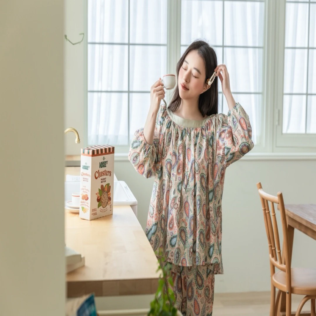 YQ秋冬新款民族风斜纹棉宽松柔软舒适睡衣家居服套装2482