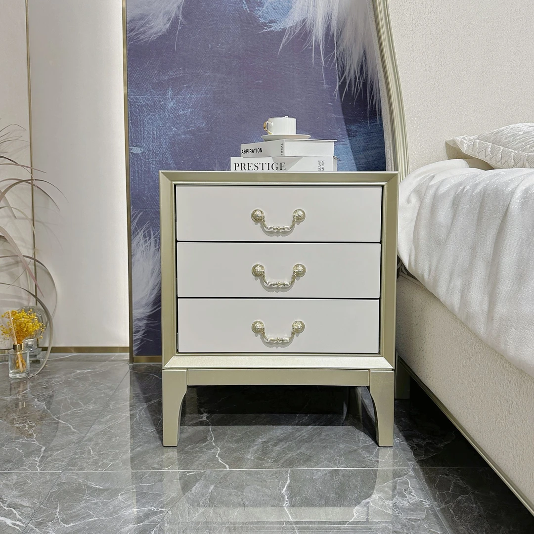 美法轻奢风家用卧室三抽储物白色家用主卧大床配套实木床头柜805