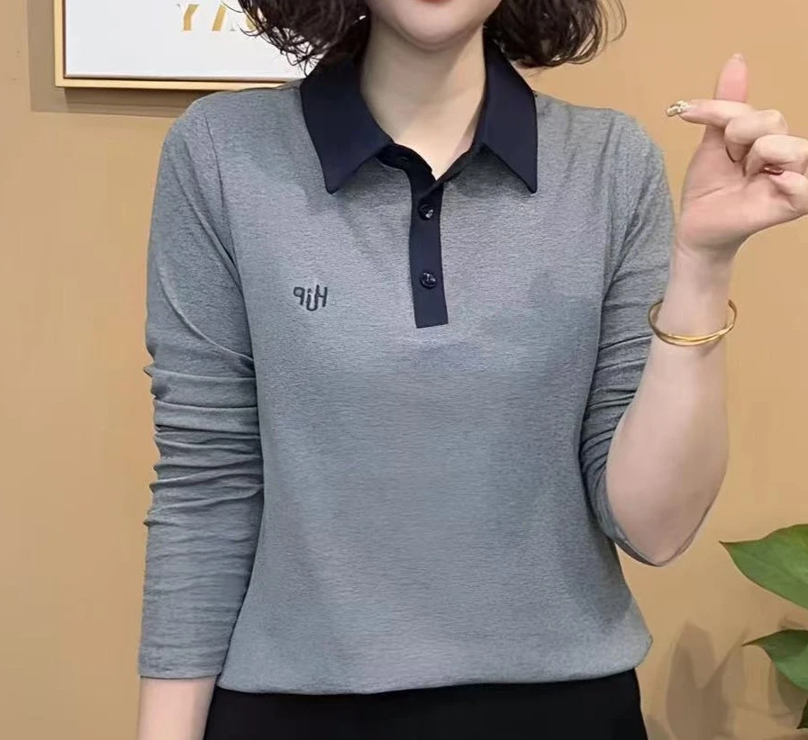 2025春秋时尚洋气翻领妈妈休闲气质修身显瘦纯色百搭女装长袖上衣