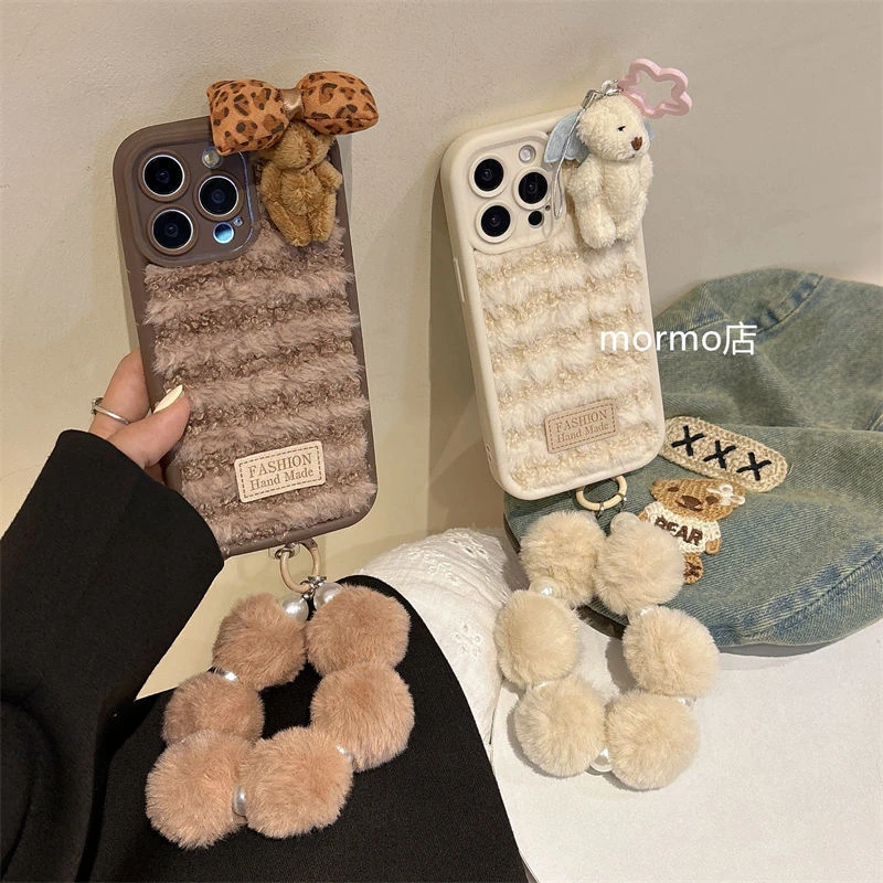 毛绒棕熊苹果16手机壳iPhone15promax14Plus/13秋冬12公仔xrse女8