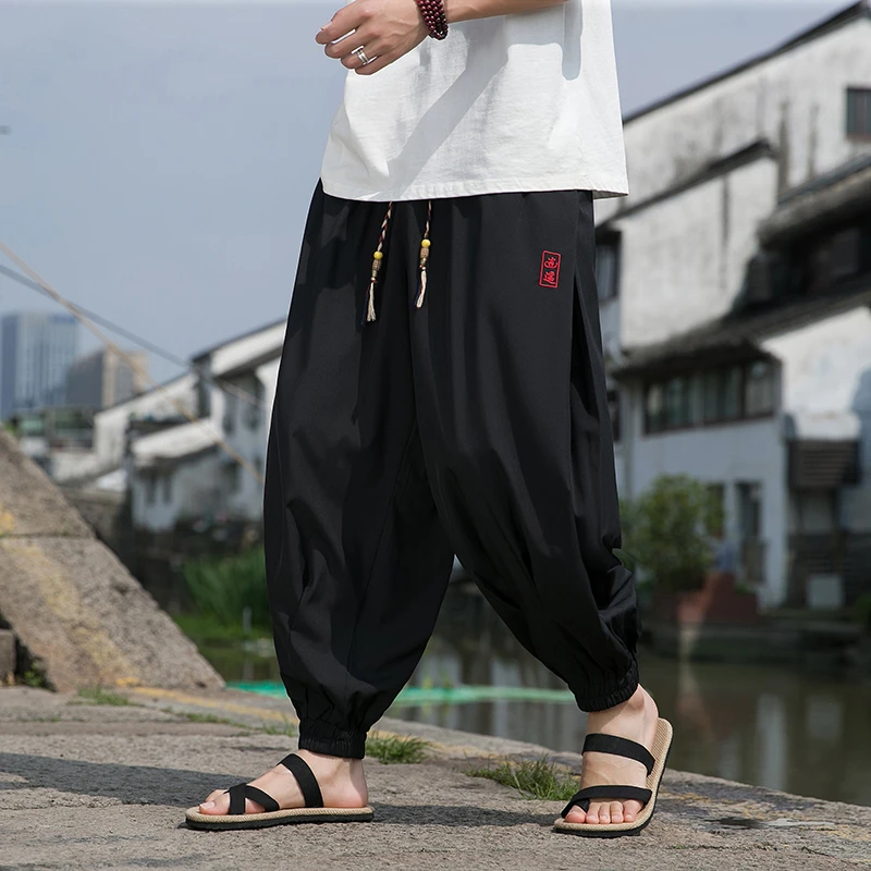 2025夏季中国风男士冰丝大码裤子轻薄透气哈伦裤休闲垂感嘻哈裤潮