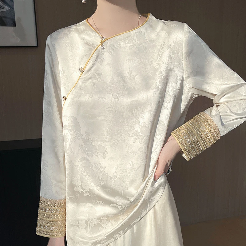 轻奢缎面新国风上衣新中式提花斜襟独特设计时尚气质减龄衬衫J93