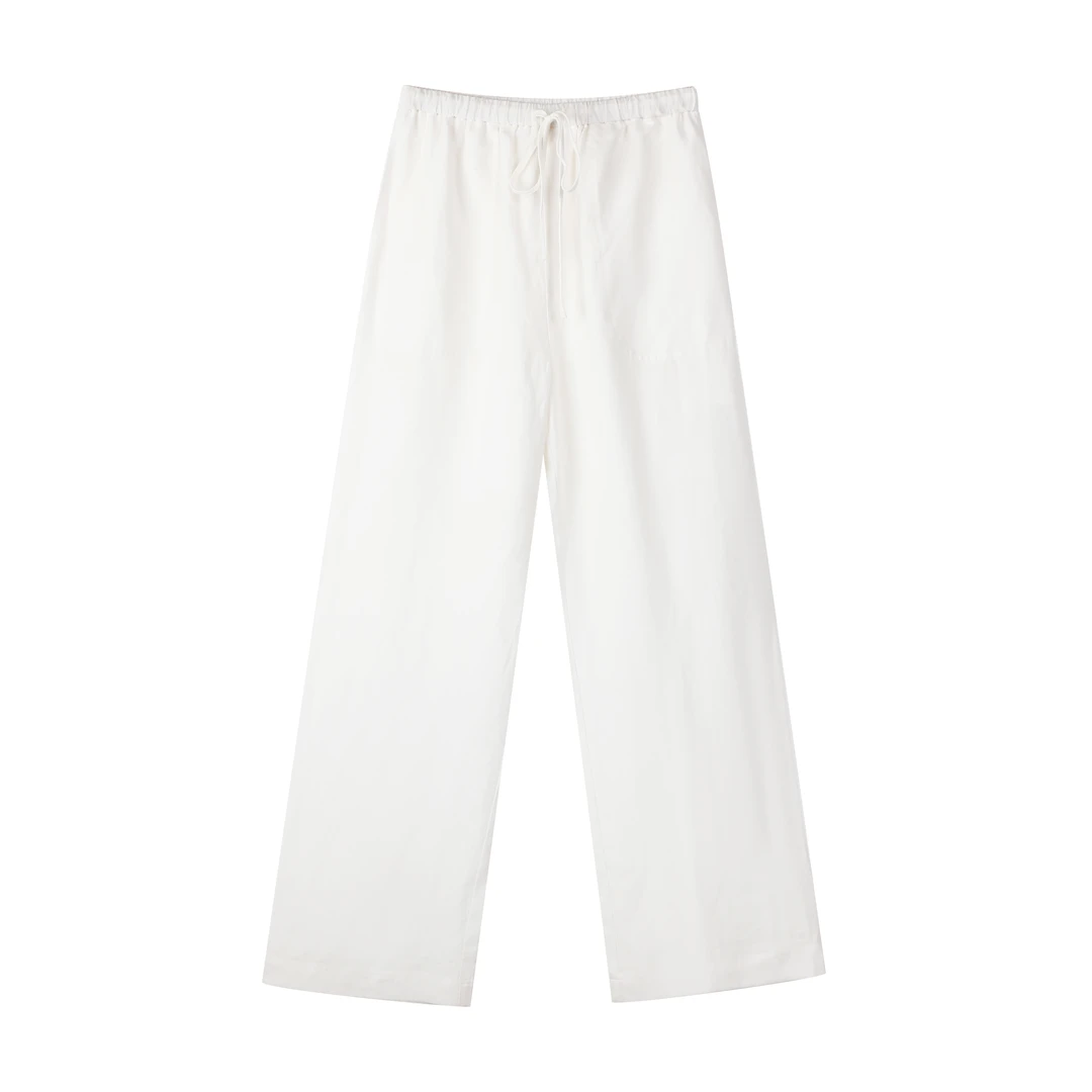 【TO订单】米白色莱赛尔混纺高腰阔腿抽绳长裤0185