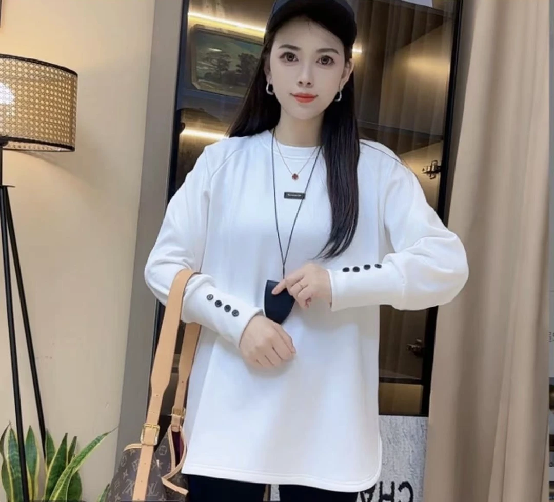 F2663设计感中长款长袖T恤女秋季宽松显瘦洋气别致打底衫上衣